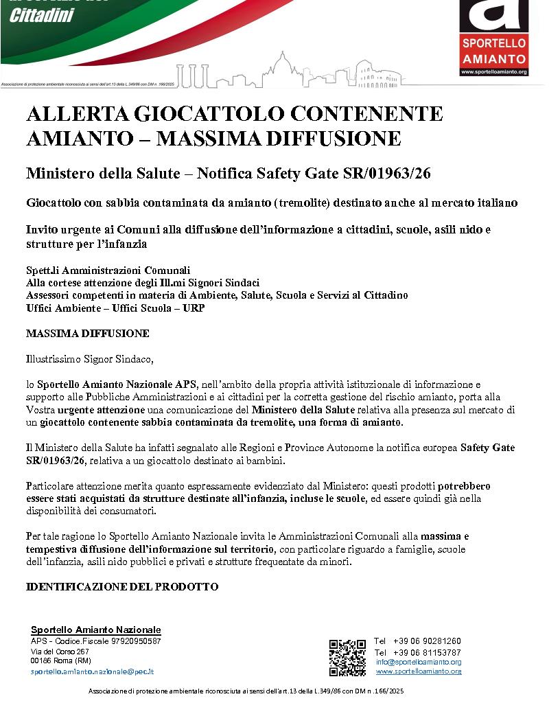 ALLERTA GIOCATTOLO CONTENENTE AMIANTO